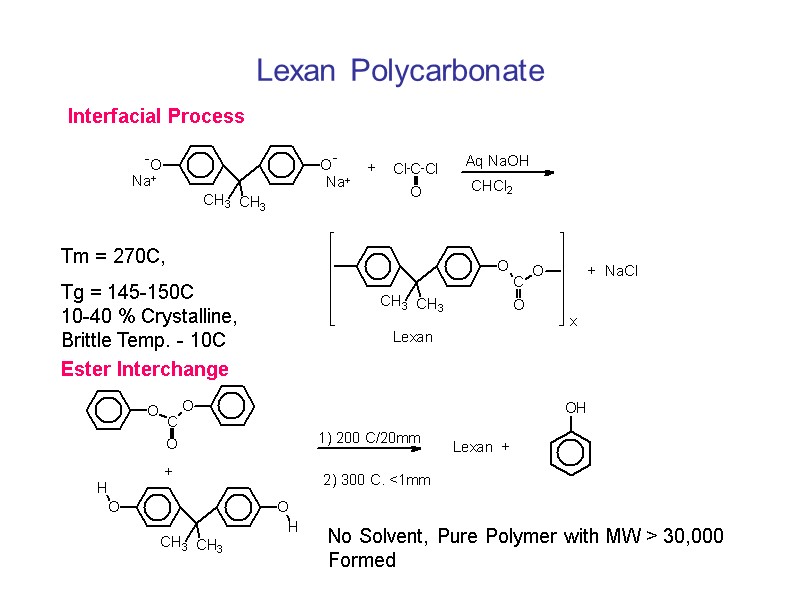 Lexan Polycarbonate  Interfacial Process Tm = 270C,   Tg = 145-150C 10-40